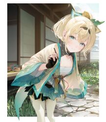Rule 34 | 1girl, aqua eyes, black gloves, blonde hair, border, chest sarashi, closed mouth, fingerless gloves, gloves, highres, holding, holding pen, hololive, jacket, kazama iroha, leaning forward, long sleeves, looking at viewer, medium hair, official art, open clothes, open jacket, outdoors, pen, pokobee, sarashi, skirt, smile, standing, thighhighs, umibouzu (niito), virtual youtuber, white border, white thighhighs, wide sleeves