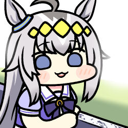 Rule 34 | 1girl, :3, ahoge, animal ears, bare arms, blue bow, blue eyes, blue hairband, blue serafuku, blurry, blush stickers, bow, chibi, chibi only, commentary request, depth of field, diamond hairband, grass, grey hair, hair flaps, hairband, hand on railing, horse ears, horse girl, jazz jack, long hair, looking at viewer, lowres, multicolored hair, oguri cap (umamusume), photo-referenced, puffy short sleeves, puffy sleeves, sailor collar, school uniform, serafuku, short sleeves, sidelocks, skirt, teeth, tracen school uniform, two-tone hair, umamusume, upper body, upper teeth only, very long hair, white background, white hair, white sailor collar, white skirt