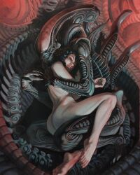 1girl alien_(series) bare_back bare_legs black_eyes black_hair completely_nude feet highres hug monster nude xenomorph