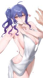 1girl absurdres azur_lane backless_dress backless_outfit blue_nails breasts cleavage cowl_neck dress grey_dress highres kuro_artis_(kuru-kuru) large_breasts pov pov_hands revealing_clothes silver_dress simple_background st._louis_(azur_lane) st._louis_(luxurious_wheels)_(azur_lane) thighs white_background