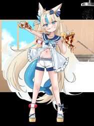 1girl absurdres ahoge blonde_hair blue_eyes blue_hair blue_nails breasts cheese cheese_trail dress fins fish_girl fish_tail food highres holding holding_food indie_virtual_youtuber long_hair looking_at_viewer multicolored_hair nail_polish navel one_side_up pizza punpond sameko_saba sandals short_shorts shorts sleeveless sleeveless_dress small_breasts solo streaked_hair tail toenail_polish toenails very_long_hair virtual_youtuber white_dress white_shorts