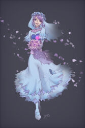 1girl bridal_veil cheesecaked23 disneyland eyelashes flower flower_wreath full_body ghost_girl head_wreath highres holding lipstick looking_at_viewer makeup purple_flower purple_rose rose see-through_clothes short_hair solo the_bride_(disneyland) the_haunted_mansion veil white_flower white_rose