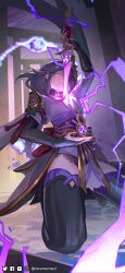 1girl absurdres armor artist_name black_panties black_thighhighs blue_pupils braid bridal_gauntlets closed_mouth commentary electricity english_commentary from_below full_moon genshin_impact glowing glowing_sword glowing_weapon hair_ornament head_tilt highres holding holding_weapon human_scabbard indoors japanese_clothes kimono kneehighs long_braid long_hair looking_at_viewer looking_down looking_to_the_side mitsudomoe_(shape) moon ms.catmermaid multicolored_eyes musou_isshin_(genshin_impact) neck_ribbon no_mole off_shoulder on_ground panties powering_up purple_eyes purple_hair purple_kimono purple_nails raiden_shogun red_ribbon red_sash ribbon sash shoulder_armor single_braid socks solo thighhighs thighs tomoe_(symbol) underwear weapon