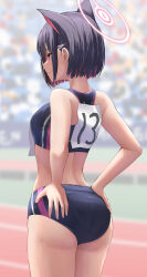 1girl alternate_costume animal_ears ass back bare_arms bare_shoulders black_buruma black_hair black_sports_bra blue_archive blurry blurry_background blush bob_cut buruma cat_ears closed_mouth colored_inner_hair cowboy_shot extra_ears from_behind hair_behind_ear hair_ornament hairclip halo hands_on_own_hips highres kazusa_(blue_archive) looking_ahead multicolored_hair outdoors pink_eyes pink_hair profile race_bib revision short_hair sidelocks silver_bullet_(ecc12_8) solo sports_bra thighs track_and_field two-tone_hair