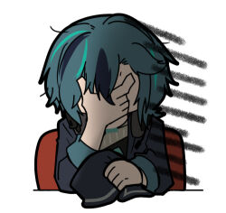 1boy artist_request black_hair black_hat black_jacket chibi chibi_only chinese_commentary facepalm girls&#039;_frontline girls&#039;_frontline_neural_cloud gloom_(expression) green_hair hat headphones headphones_around_neck holding holding_unworn_clothes holding_unworn_hat jacket lowres male_focus official_art second-party_source solo unworn_hat unworn_headwear yuwang_(neural_cloud)