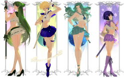 4girls alternate_costume alternate_footwear bishoujo_senshi_sailor_moon black_footwear black_hair blonde_hair blue_eyes blue_footwear blue_sailor_collar blue_skirt boots column_lineup crop_top frilled_thigh_strap full_body gloves green_eyes green_hair green_skirt green_wrist_cuffs high_heels joseph_lee kaiou_michiru knee_boots lace-up_boots long_hair long_legs magical_girl meiou_setsuna midriff multiple_girls name_connection object_namesake outer_senshi pink_eyes pleated_skirt purple_eyes purple_footwear purple_skirt sailor_collar sailor_neptune sailor_pluto sailor_saturn sailor_senshi sailor_uranus saturn_(planet) shoes short_hair skirt smile standing standing_on_one_leg sword ten&#039;ou_haruka thigh_strap tomoe_hotaru uranus_symbol very_long_hair weapon white_skirt wrist_cuffs