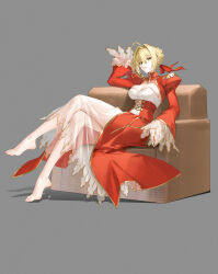 Rule 34 | 1girl, ahoge, barefoot, blonde hair, breasts, bun with braided base, chinese commentary, cleavage, closed mouth, commentary request, couch, crossed legs, dress, epaulettes, fate/extra, fate (series), feet, full body, green eyes, grey background, hair between eyes, hair intakes, hair ribbon, highres, juliet sleeves, large breasts, long sleeves, looking at viewer, nero claudius (fate), nero claudius (fate/extra), on couch, puffy sleeves, red dress, red ribbon, redrawn, ribbon, shadow, simple background, sitting, solo, yin lan xue