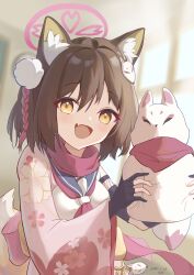 Rule 34 | 1girl, absurdres, animal ear fluff, animal ears, black gloves, blue archive, blush, brown hair, fang, floral print, floral print kimono, fox ears, fox girl, fox tail, gloves, hair ornament, halo, highres, holding, holding stuffed toy, izuna (blue archive), japanese clothes, kimono, looking at viewer, neckerchief, open mouth, partially fingerless gloves, pink halo, pink kimono, pink neckerchief, pink scarf, pom pom (clothes), pom pom hair ornament, print kimono, sanwenyu juan bing, scarf, shirt, short hair, skin fang, solo, stuffed toy, tail, white shirt, yellow eyes