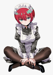 1girl amate_yuzuriha apron aqua_eyes black_dress breasts closed_mouth crossed_legs dress frilled_apron frills gundam gundam_gquuuuuux long_sleeves looking_at_viewer maid maid_apron maid_headdress puffy_sleeves red_hair short_hair simple_background solo tsukumo_(soar99) white_apron white_background wrist_cuffs