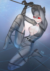 1girl animal_ears artist_name asdj batman_(series) bdsm belt bodysuit bondage bound breasts brown_eyes cat_ears catwoman center_opening covered_erect_nipples dc_comics fake_animal_ears female_focus full_body high_heels highres large_breasts partially_unzipped selina_kyle signature solo tongue tongue_out torn_clothes visor zipper