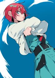 1girl absurdres amate_yuzuriha aqua_dress aqua_eyes blue_sky commentary dress gundam gundam_gquuuuuux highres looking_at_viewer red_hair school_uniform short_hair sky solo sweater undressing ura_ura_(ktke5457)