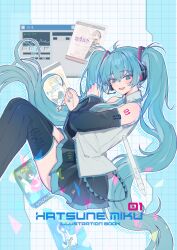 :d absurdres ahoge aqua_eyes aqua_hair aqua_nails aqua_necktie aqua_trim black_skirt black_sleeves black_thighhighs blush collared_shirt comiket_106 commentary_request cursor detached_sleeves double-parted_bangs grey_shirt hair_between_eyes hatsune_miku heremia highres kagamine_len kagamine_rin kaito_(vocaloid) long_hair looking_at_viewer megurine_luka meiko_(vocaloid) necktie open_mouth pleated_skirt shirt skirt smile stylus thighhighs twintails very_long_hair vocaloid