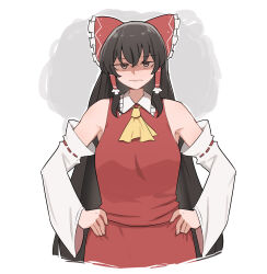 1girl :| bare_shoulders black_eyes black_hair bow closed_mouth commentary detached_sleeves dress english_commentary frilled_bow frills hair_bow hair_tubes hakurei_reimu hands_on_own_hips highres jitome long_hair looking_at_viewer mata_(matasoup) nontraditional_miko red_bow red_dress ribbon-trimmed_sleeves ribbon_trim sidelocks sleeveless sleeveless_dress solo straight-on touhou very_long_hair