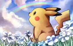 Rule 34 | blue sky, cloud, day, flower, from side, gen 1 pokemon, grass, nintendo, no humans, open mouth, outdoors, pikachu, pokemon, pokemon (creature), pokemon focus, pokemon tcg, rainbow, scruffyart, second-party source, sitting, sky, smile, solo, white flower