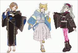1boy 2girls adapted_costume aozora_ni_negau_your_happiness!_(project_sekai) black_boots black_kimono blonde_hair blue_eyes blue_jacket blue_nails blue_shirt boots brown_eyes brown_gloves brown_hair brown_kimono brown_shoes closed_mouth collared_shirt drawstring dress_shirt forehead frilled_boots frilled_footwear frills gloves green_hair grey_background grey_hakama grey_socks grin hair_ornament hairclip hakama hakama_skirt hakusai_(tiahszld) hatsune_miku high_heels highres hood hood_down hooded_jacket jacket japanese_clothes kagamine_len kimono legend_still_vivid_(project_sekai) long_sleeves meiko_(vocaloid) multiple_girls nail_polish pantyhose parted_bangs pinching_sleeves pink_pantyhose print_pantyhose project_sekai quilting_formal_(project_sekai) revision shirt shoes short_kimono simple_background skirt sleeves_past_wrists smile socks standing standing_on_one_leg tiara twintails unmoving_pattern vivid_bad_squad_len vivid_bad_squad_meiko vivid_bad_squad_miku vocaloid w wide_sleeves yellow_shoes