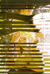 2boys black_pants blue_eyes blue_flower brown_hair bushimian653 closed_mouth flower hair_between_eyes hand_on_own_knee highres ikari_shinji looking_at_viewer male_focus multiple_boys nagisa_kaworu neon_genesis_evangelion one_eye_closed open_clothes open_shirt pants pink_flower plant shirt short_sleeves swept_bangs upper_body white_hair white_shirt white_sleeves window_blinds wispy_bangs