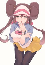 Rule 34 | 1girl, black pantyhose, blue eyes, blush, breasts, brown hair, donut hair bun, double bun, hair bun, hat, highres, large breasts, long hair, looking at viewer, mcmcusg, nintendo, open mouth, pantyhose, pantyhose under shorts, poke ball print, pokemon, pokemon bw2, pokemon masters ex, raglan sleeves, rosa (pokemon), shirt, shorts, simple background, solo, twintails, visor cap, yellow shorts