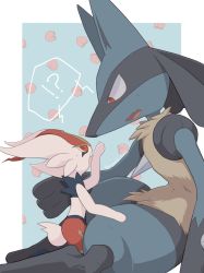 !? 1boy 1other animal_ears animal_hands animal_nose arm_up artist_name black_fur blue_background blue_fur body_fur border bright_pupils cinderace constricted_pupils eye_contact fang food_print from_side fruit_print furry furry_male gen_4_pokemon gen_8_pokemon highres lemonade_kokoi looking_at_another looking_down looking_up lucario multicolored_fur nintendo open_mouth outside_border peach_print pokemon pokemon_(creature) profile rabbit_ears rabbit_tail red_eyes red_fur red_hair short_hair sideways_mouth signature sitting size_difference skin_fang snout spikes spoken_interrobang standing surprised sweat teeth thick_thighs thighs twitter_username white_border white_fur white_pupils wolf_boy wolf_ears yellow_fur