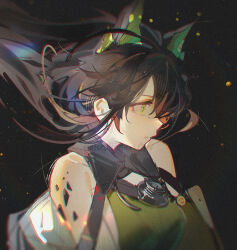 1girl animal_ears arknights bare_shoulders black_hair breasts cat_ears cat_girl chromatic_aberration closed_mouth commentary dress extra_ears floating_hair from_side green_dress green_eyes highres long_hair material_growth medium_breasts mon3tr_(arknights) openvl oripathy_lesion_(arknights) solo watermark