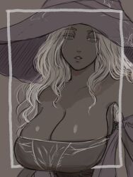 1girl bare_shoulders black_dress breasts cleavage colored_eyelashes commentary dress elden_ring elden_ring_nightreign grey_background grey_eyes hat highres huge_breasts long_hair looking_at_viewer parted_lips recluse_(elden_ring) solo upper_body white_eyelashes white_hair witch witch_hat yamanobori