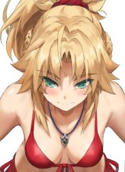 1girl bare_shoulders bikini blonde_hair blush braid breasts collarbone fate/apocrypha fate_(series) front-tie_bikini_top front-tie_top green_eyes hair_ornament hair_scrunchie half_up_braid highres long_hair medium_breasts mordred_(fate) ponytail red_bikini red_scrunchie scrunchie side-tie_bikini_bottom sidelocks solo swimsuit tonee