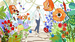 1boy barefoot blue_butterfly brown_hair bug butterfly flower grey_pants highres insect ladybug leaf mini_person miniboy natsuyuki_rendezvous pants senryoko shimao_atsushi shirt short_hair sketch solo standing white_shirt