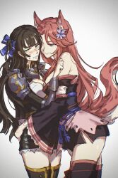 animal_ears blush bow brown_hair ceri_(sakura_dungeon) commission commissioner_upload embarrassed fox_ears fox_tail gauntlets hands_on_another&#039;s_hips highres hug japanese_clothes kimono long_sleeves non-web_source one_eye_covered pink_hair sakura_dungeon screwd_gamer tail thighhighs yomi_(sakura_dungeon) yuri