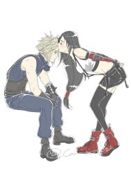Rule 34 | 1boy, 1girl, bare shoulders, black gloves, black hair, black skirt, black thighhighs, blonde hair, blue eyes, blue pants, blue sweater, blush, boots, breasts, camo niku, closed eyes, cloud strife, commentary request, couple, crop top, earrings, elbow gloves, facing another, final fantasy, final fantasy vii, final fantasy vii rebirth, final fantasy vii remake, fingerless gloves, from side, full body, gloves, hand on another&#039;s head, invisible chair, jewelry, kiss, kissing forehead, leaning forward, long hair, low-tied long hair, medium breasts, miniskirt, pants, profile, red boots, short hair, single arm guard, sitting, skirt, sleeveless, sleeveless turtleneck, spiked hair, standing, suspender skirt, suspenders, sweater, tank top, thighhighs, tifa lockhart, turtleneck, turtleneck sweater, twitter username, white background, white tank top, zettai ryouiki
