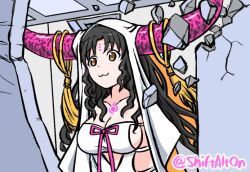 1girl :3 black_hair breasts broken_wall chest_tattoo cleavage closed_mouth commentary crack cracked_wall cutout_above_navel debris dress facial_mark fate/grand_order fate_(series) forehead_mark horn_ornament horn_ring horns indoors large_breasts long_hair long_horns looking_afar meme nokotan_entering_a_classroom_(meme) parody parted_bangs pink_horns pink_ribbon ribbon sessyoin_kiara shikanoko_nokonoko_koshitantan sideboob smile solo tassel tattoo tonda twitter_username upper_body veil wavy_hair white_dress white_veil yellow_eyes