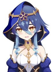 Rule 34 | 1girl, absurdres, bare shoulders, blue hair, blush, commentary, detached sleeves, drill hair, facing viewer, genshin impact, highres, hood, hood up, hoodie, jewelry, juliet sleeves, layla (genshin impact), long hair, long sleeves, looking at viewer, neck ring, open mouth, pointy ears, puffy sleeves, simple background, solo, sorami sachi, upper body, wavy mouth, white background, yellow eyes