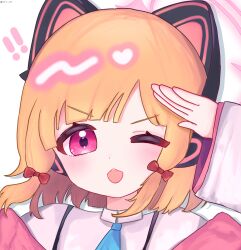 ! !! 1girl ;d animal_ear_headphones animal_ears artist_name blonde_hair blue_archive blue_necktie blunt_bangs blush bow cat_ear_headphones cat_ears collared_shirt dot_nose fake_animal_ears hair_bow halo headphones heart highres jacket long_sleeves looking_at_viewer low-tied_sidelocks medium_hair mia_a20 momoi_(blue_archive) multiple_hair_bows necktie off_shoulder one_eye_closed open_mouth parted_bangs pink_eyes pink_halo pink_jacket portrait red_bow salute school_uniform shirt sidelocks simple_background smile solo suspenders teeth twitter_username upper_teeth_only v-shaped_eyebrows white_background white_shirt wide_sleeves