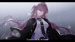 1girl alternate_hair_length alternate_hairstyle artist_name black_jacket black_necktie closed_mouth collared_shirt commentary_request earrings eyewear_on_head glasses glowing glowing_eyes honkai:_star_rail honkai_(series) jacket jewelry kafka_(honkai:_star_rail) letterboxed long_hair looking_at_viewer necktie pince-nez purple_eyes rain round_eyewear shirt smile solo srpzk sunglasses upper_body white_shirt
