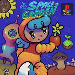 blue_hair blush dark-skinned_female dark_skin flower highres mushroom original planet plastiboo playstation_logo rocket sky smile spacesuit star_(sky) starry_sky toon_(style)