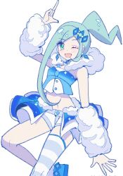 1girl arm_warmers blue_boots blue_choker boots choker fluffy green_eyes green_hair highres idol lisia_(pokemon) nintendo one_eye_closed open_mouth overskirt pkm_lemon pokemon pokemon_oras shorts shorts_under_skirt single_thighhigh solo striped_clothes striped_thighhighs thighhighs white_background