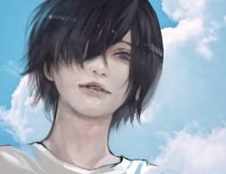 1girl black_hair cloud day hair_over_one_eye highres kirishima_touka outdoors shirt short_hair smile solo stfr_(stfr_kaz) teeth tokyo_ghoul