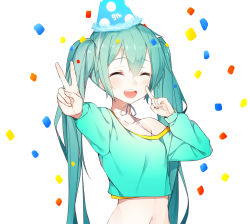 1girl ^_^ aqua_hair birthday blush cheek_poking closed_eyes confetti crop_top cropped_shirt female_focus hair_between_eyes hat hatsune_miku highres long_hair navel off_shoulder open_mouth party_hat poking smile solo the_cold twintails upper_body v vocaloid