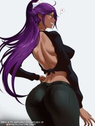 1girl artist_name ass bare_back black_pants bleach breasts commentary dark-skinned_female dark_skin english_commentary female_focus hair_ornament hand_on_own_hip heart highres medium_breasts opalis pants patreon_username ponytail purple_hair shihouin_yoruichi shiny_skin simple_background teeth yellow_eyes