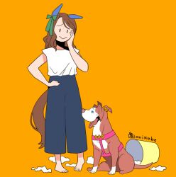 Rule 34 | 1girl, animal ears, animalization, barefoot, black eyes, blue pants, bow, commentary request, dog, ear covers, full body, green bow, hair bow, hand on own cheek, hand on own face, horse ears, horse girl, horse tail, kawakami princess (umamusume), king halo (umamusume), onikobe rin, orange background, pants, shirt, simple background, solo, tail, trash can, umamusume, white shirt, | |