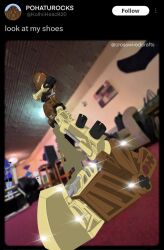 bionicle crossed_arms dane_braddy english_text from_side gali_(bionicle) glint highres humanoid_robot kanohi_(bionicle) kopaka_(bionicle) mask orange_eyes perspective photo_background pohatu_(bionicle) robot solo_focus the_lego_group twitter twitter_username