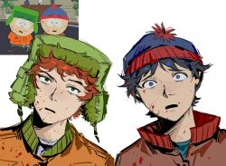 2boys black_hair blood blood_on_clothes blood_on_face blue_eyes blue_hat breast_pocket brown_jacket buttons derivative_work green_eyes green_hat hat highres jacket kugai697139 kyle_broflovski looking_at_viewer male_focus messy_hair multiple_boys open_mouth orange_hair orange_jacket pocket pom_pom_(clothes) screenshot_redraw short_hair simple_background south_park stan_marsh upper_body white_background