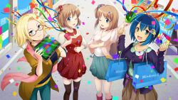 4girls :d ;d absurdres bag blonde_hair blouse blue_eyes blue_hair blush boots breasts brown_hair brown_skirt celebration claudia_madobe confetti dress earrings glasses green_pants green_skirt hair_ornament highres holding holding_party_popper jewelry long_hair looking_at_viewer madobe_ai madobe_nanami madobe_yuu microsoft_windows multiple_girls official_art official_wallpaper one_eye_closed open_mouth os-tan outdoors over-kneehighs pants party party_popper personification red_dress road shirt shopping_bag short_hair siblings side_ponytail single_earring sisters skirt small_breasts smile streamers street thighhighs windows_7 windows_8 windows_azure