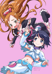 2016 2girls alternate_color alternate_costume alternate_hair_color alternate_hair_length alternate_hairstyle arm_warmers artist_name belt black_dress blue_eyes blue_hair blush bow brown_eyes brown_hair color_switch commentary_request cure_black cure_white dated detached_sleeves dress earrings eyelashes frilled_dress frilled_shirt frilled_skirt frills futari_wa_precure hair_bow hair_ornament half_updo happy heart heart_earrings high_ponytail highres isedaichi_ken jewelry leg_warmers long_hair looking_at_another magical_girl midriff misumi_nagisa multiple_girls navel open_mouth pink_background pink_bow ponytail precure shirt short_hair simple_background sketch skirt smile twitter_username white_shirt white_skirt yukishiro_honoka yuri