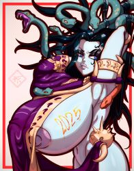 1girl absurdres arms_behind_back arms_up black_hair blue_eyes breasts chinese_new_year chinese_zodiac facial_mark female_focus gigantic_breasts gus_arts highres huge_breasts kid_icarus kid_icarus_uprising large_nipples lips long_hair medusa_(kid_icarus) new_year nintendo nipples paint paint_on_body robe sideboob snake snake_hair year_of_the_snake