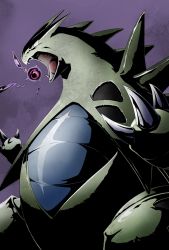 angry claws creatures_(company) energy_ball game_freak gen_2_pokemon incoming_attack looking_to_the_side nintendo no_humans open_mouth pokemon pokemon_(creature) rock shaded_face sharp_teeth solo sorairo_(18391611) standing stone teeth tyranitar