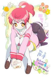 2girls back-to-back steamed_bun black_hair book brown_footwear cardigan character_name closed_mouth commentary_request dress food from_above full_body gaaruru_(pripara) happy_birthday headphones holding holding_food knees_up loafers long_hair long_sleeves looking_to_the_side moudoku_(decopon3rd) multiple_girls open_book paprika_private_academy_school_uniform pink_cardigan ponytail pretty_series pripara red_hair sailor_collar school_uniform shiratama_mikan shoes short_dress sitting smile thighhighs twintails white_sailor_collar white_thighhighs yellow_dress yellow_eyes zzz