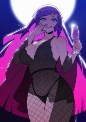1girl absurdres bare_shoulders black_panties blue_eyes breasts champagne_flute cleavage colored_inner_hair cup dc_(makezzal) dress drink drinking_glass fishnet_pantyhose fishnets full_moon highres holding holding_cup large_breasts long_hair looking_at_viewer moon multicolored_hair navel original panties pantyhose pink_hair purple_hair see-through_clothes see-through_dress smile solo underwear very_long_hair
