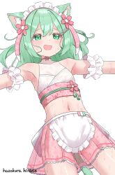 1girl animal_ears bikini cat_ears commentary_request green_eyes green_hair hazakura_hinata highres maid maid_bikini navel original solo swimsuit tail unconventional_maid variant_set wa_maid