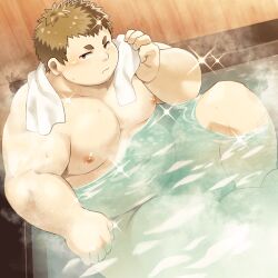 Rule 34 | 1boy, arm hair, bara, belly, blush, brown hair, closed mouth, completely nude, facial hair, fat, fat man, fecho kouta (nikubo), goatee stubble, looking at viewer, male focus, mikawa (tamacolle), navel, nipples, nude, official art, onsen, sparkle, steam, stubble, tamacolle, towel, towel around neck