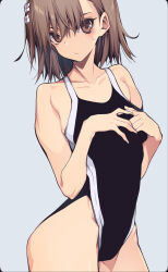 10mo 1girl black_one-piece_swimsuit breasts brown_eyes brown_hair collarbone competition_swimsuit contrapposto cowboy_shot flower hair_flower hair_ornament hairclip highleg highleg_one-piece_swimsuit highres misaka_mikoto one-piece_swimsuit school_swimsuit short_hair small_breasts solo swimsuit toaru_kagaku_no_railgun toaru_majutsu_no_index tokiwadai_school_swimsuit two-tone_swimsuit