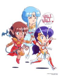 1990s_(style) 3girls ^_^ armor arms_up asou_yuuko blue_eyes boots cham chibi closed_eyes game happy knee_boots long_hair long_pointy_ears midriff miniskirt multiple_girls nec neckerchief official_art open_mouth pc_engine pointy_ears retro_artstyle short_hair sidelocks simple_background skirt smile speech_bubble sword telenet_japan valis valis_iii valis_sword valna very_long_hair weapon whip white_background white_skirt